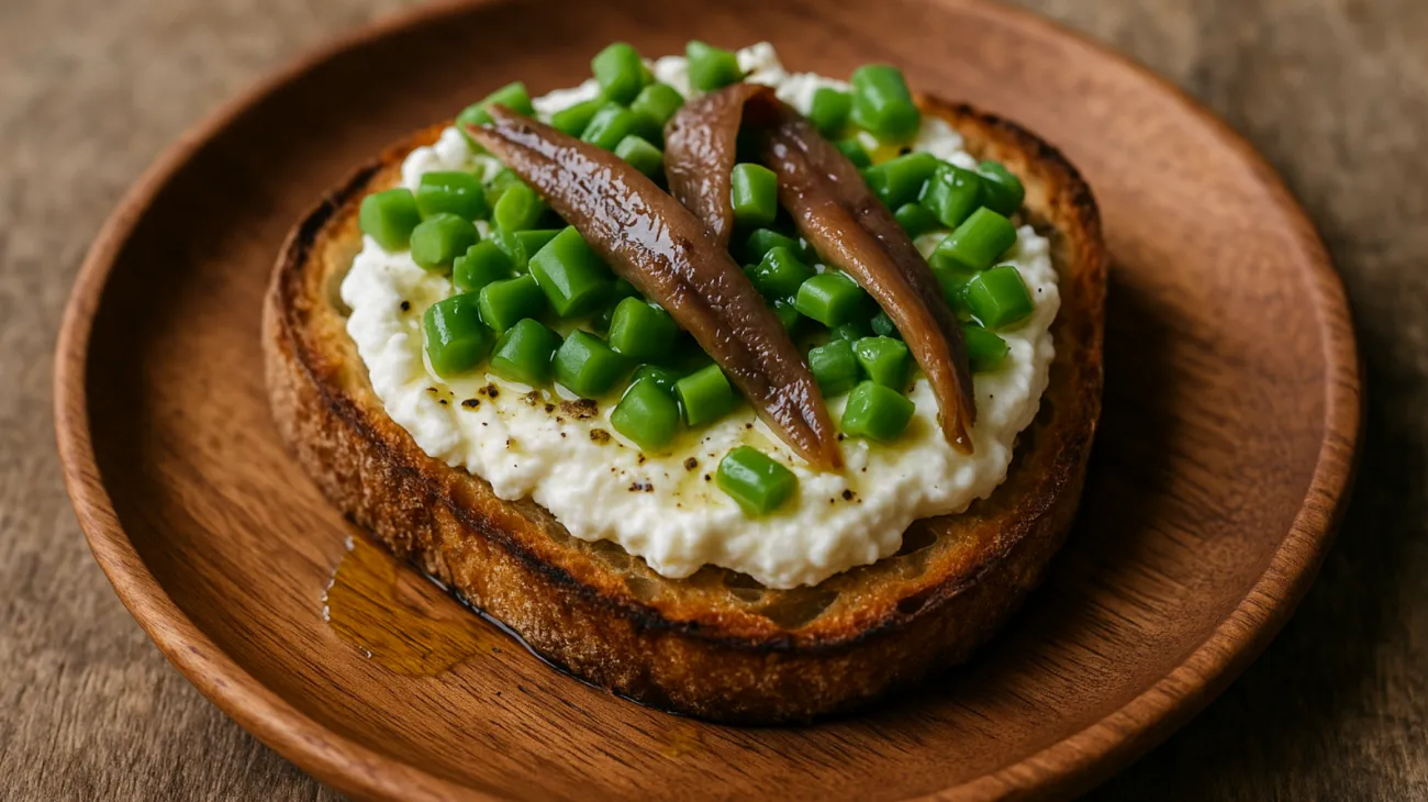 Crostoni acciughe ricotta di pecora fagiolini freschi"